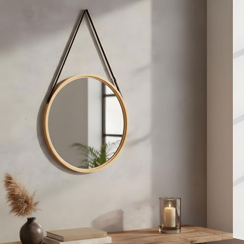 levandeo Wandspiegel 38cm Rund Bambus Holz Kunstleder Flurspiegel Wanddeko Deko Spiegel Badspiegel