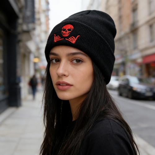 Image of Embroidered Skeleton Beanie Hat Winter Stretch Knit Skull Cap for Men Women