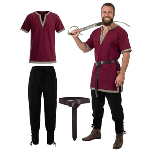 Túnica medieval para hombre, cosplay, camisetas, disfraz de Halloween, renacimiento, guerrero, vikingo, caballero, tops para hombre, pirata, guerrero, LARP, camisas, loki, ropa para hombre, O rojo