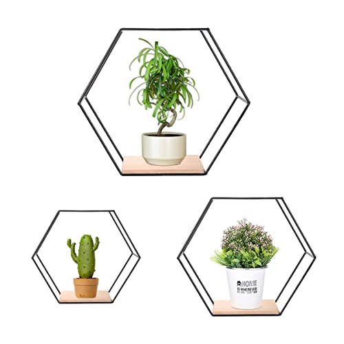 Ensemble de 3 étagères murales hexagonales, étagères flottantes noires, Étagères suspendues en métal et bois pour chambre salle de bain salon cuisine, Rangement de buanderie et décoration murale(Noir)