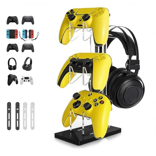 3 Tier Controller and Headset Stand for PS4 PS5 Xbox ONE Switch, Acrylic Gaming Controller Holder Headphone Stand with 4Pcs Cord Organizers for Universal Gamepad Gaming Accessories (Black)