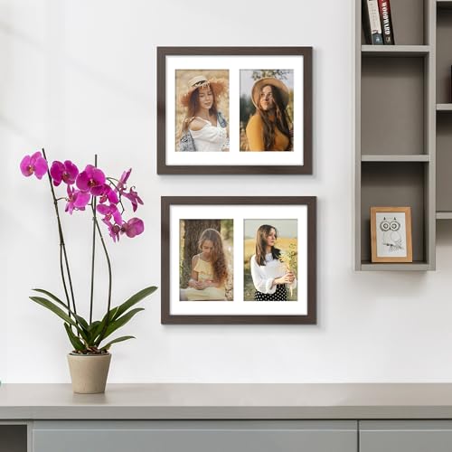 Image of DUENPY 8x10 Double Picture Frame For Displaying Double 4x6 Picture Frame for Wall Mounting or Tabletop, Walnut.