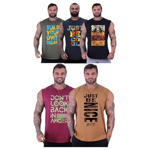 Kit 5 Regatas Machão Longline Masculina MXD Conceito Sem Manga Treino Academia Musculação Estampada (M, Opção 03)