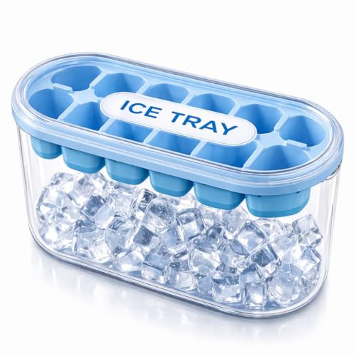 Image of Amazon Brand - Solimo 2 in 1 Ice Cube Tray & Storage Bin with Lid, Stackable Ice Maker Container for Freezer, Flexible Silicone Easy-Release Ice Maker Mold for Cocktails, Mocktails, Detox, 12 Cubes