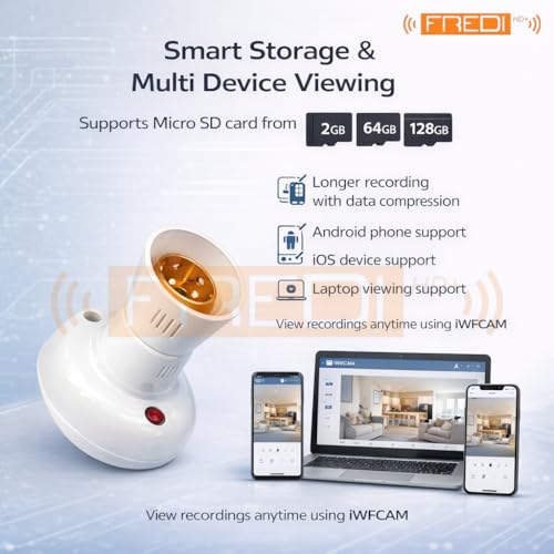 Image of FREDI HD PLUS WiFi Bulb Holder Camera 1080P, Indoor Security Camera with V720 App, Wide Angle View, Live Streaming on Mobile & Laptop, AC 220V Powered, Supports 128GB SD Card