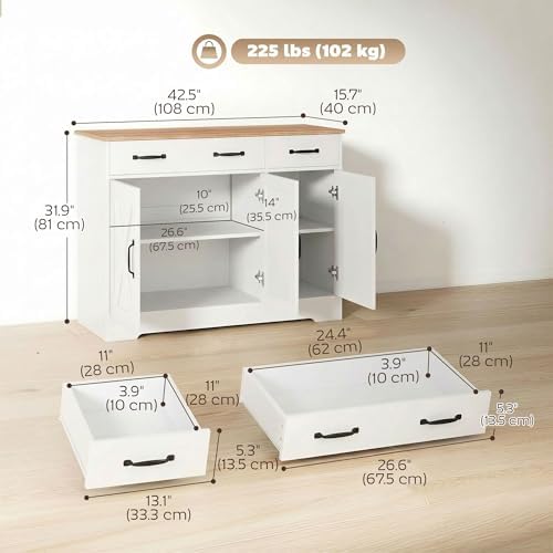 HOMCOM Sideboard Buffet Cabinet, 43" Farmhouse Kitchen Storage Cabinet with 3 Barn Doors, 2 Drawers, 2 Adjustable Shelves, Coffee Bar Station, TV Stand for TVs up to 50 Inch, White — view 2