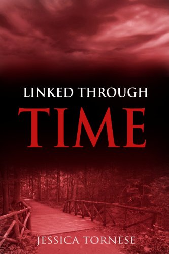 book cover image for Linked Through Time by Jessica Tornese showing a bridge in the woods and dark stormy black and red background