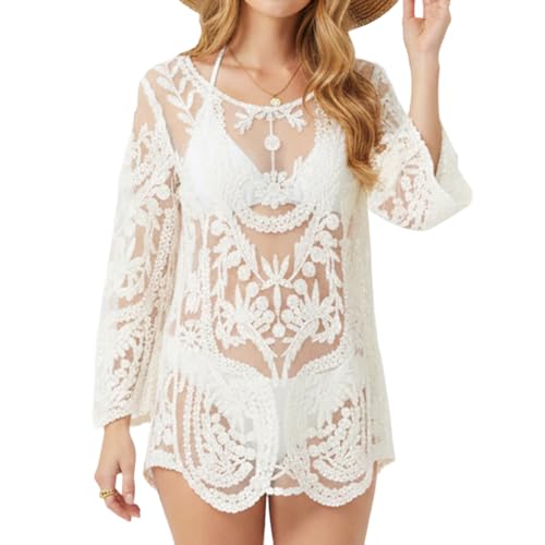 Image of SANNIDHI Women's Lace Beach Cover Up Embroidered Swimsuit Coverups Full Sleeve Boho Sheer Bathing Suit Swim Dress for Poolside, Seaside and Party