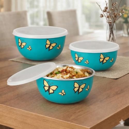Image of Zaib Microwave Safe Stainless Steel Food Storage Containers with Lid | Pack of 3 | Sizes 12 cm, 14 cm, 16 cm | Capacity 500 ml, 750 ml, 1250 ml | Snap Fit Lid (Green Butterfly 3)