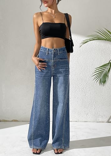 heipeiwa Women's Rhinestone Jeans Wide Leg Flare Denim Pants High Waist Sparkle Shiny Sequin Glitter Trouser2