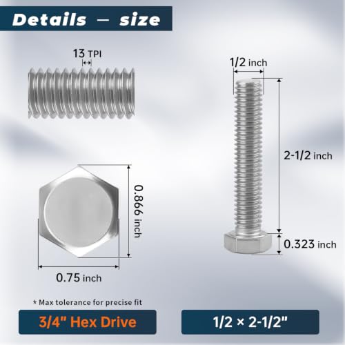Image of 6 Sets Glvaner 1 /2-13 x 2-1 /2 inch Stainless Steel Hex Head Screws Bolts, Nuts, Flat & Lock Washers, 18-8 (304) Stainless Steel, Full Thread, Coarse Thread