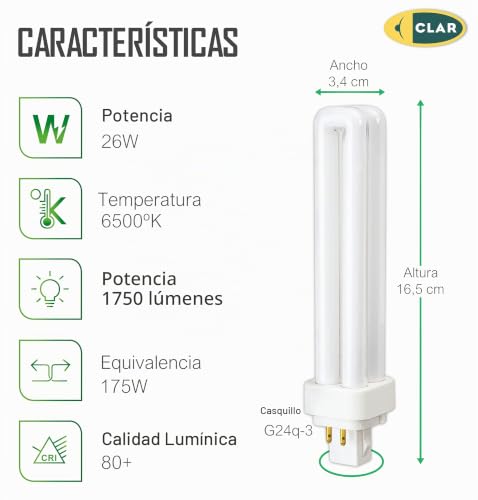 Miniatura 2 de Clar - Bombilla Fluorescente Gemini D E 26w 6500k G24q-3 Luz Blanca Fría Cfl Profesional 4 Pines Tubo Compacto Reemplazo Técnico Alto Flujo Iluminación Oficina Taller Cocina Industrial Precisa