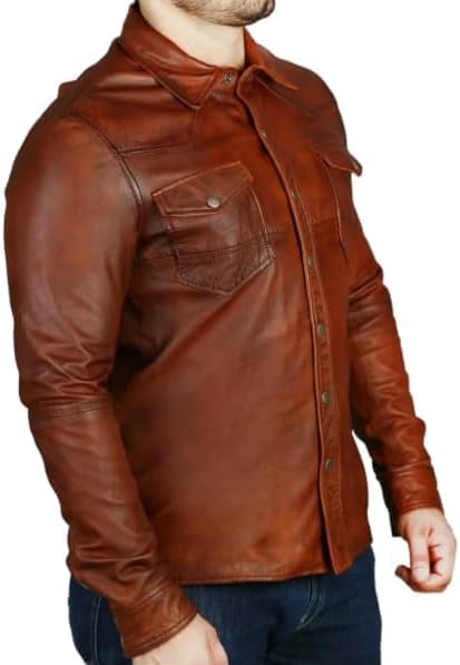 Men's Western Trucker Leather Jacket, Fitted Denim Shirt Style, Mens Wastern Cowboy Leather3