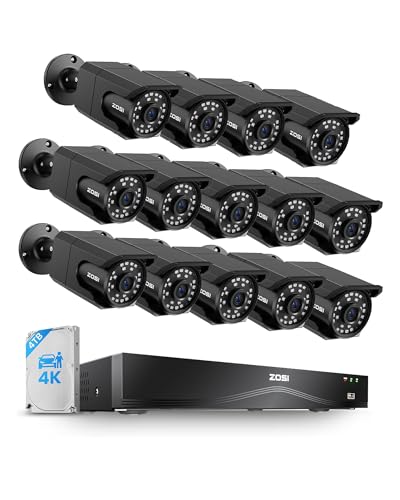 ZOSI 4K 16CH PoE Security Camera System, 14 x 8MP PoE IP Camera Outdoor Indoor with Human Detection, 100ft IR Night Vision, IP66 Weatherproof, 4K 16CH H.265+ NVR with 4TB HDD for 24/7 Audio Recording