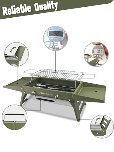 Image of Charmline 14 x 9 inches Small Portable Charcoal BBQ Grill, Foldable Compact Camping Barbecue for 1-3 People, Ideal for Camping, Tailgating, Beach, Picnic & Tabletop Use, Green