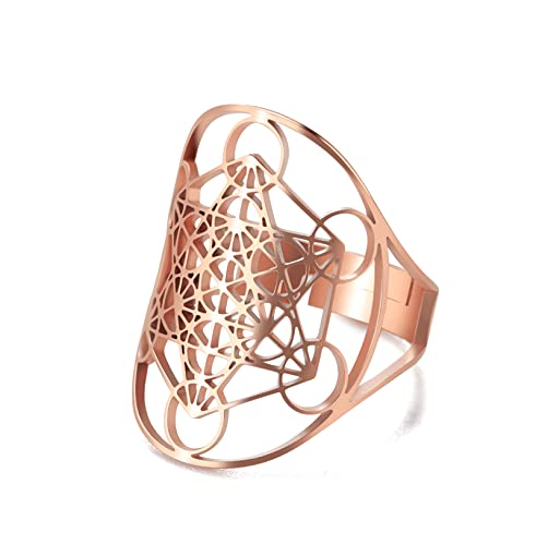 unift Cubo de Metatron Anillo para Hombres Mujeres Acero Inoxidable Misteriosa Geometría Sagrada Arcángel Magia Hexagrama Anillo Yoga Símbolos Espirituales Talismán Joyería (rose gold)