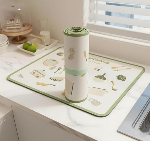 Image of HomeCloud Dish Drying Mat for Kitchen Counter - Super Absorbent, Non-Slip & Heat-Resistant - Quick Dry Rack Pad for Dishes, Utensils, Coffee Maker - Stain-Hiding Design (Green, 40x50cm)