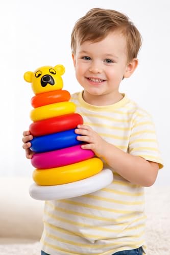Image of Pyramid 7 Ring Stacking Toy for Babies with Bear Topper | Colorful Rainbow Rings | Educational Learning Toy for Kids 1-3 Years | Includes 1 Stacking Base, 7 Rings, 1 Bear Topper