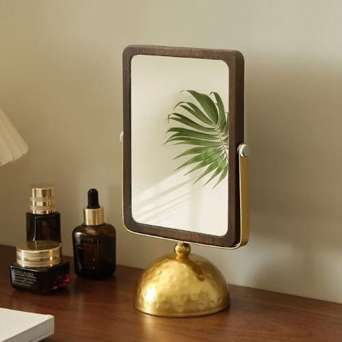 Hosoncovy Wooden Desktop Mirror with Stand Retro Vanity Mirror Makeup Mirror Tabletop Mirror with Stand Oval Free Standing Bathroom Mirror (Gold