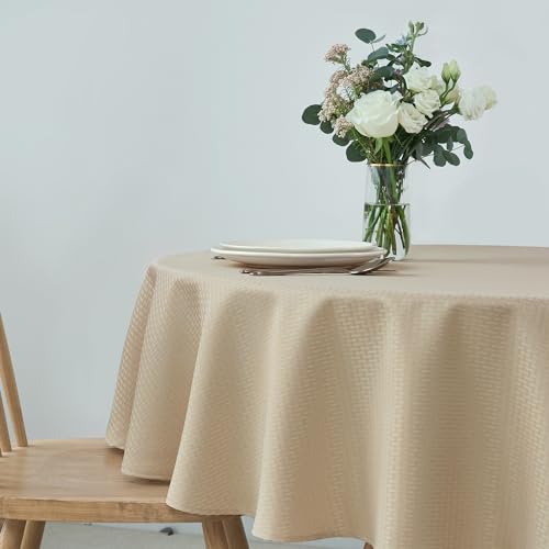 Image of maxmill Round Weaved Texture Design Tablecloth Spill-Proof Wrinkle Free Soft Washable Table Cloth for Circular Table Cover, for Dining Room Buffet Banquet Parties Holiday Dinner, 70 Inch Natural