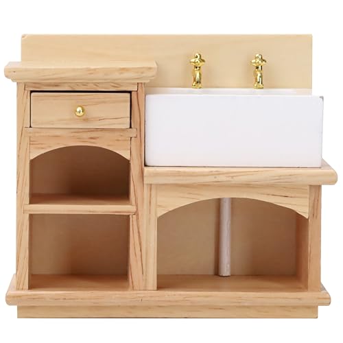 1/12 Scale Dollhouse Kitchen Sink, Miniature Bathroom Wash Basin Cabinet Set, Wooden Furniture Accessories, Mini Ceramic Hand Wash Sink Decoration for Toilet, Stove, Kitchen, Farmhouse