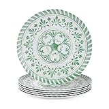 Yinshine Melamine Dinner Plate, 10.75 Inch Plates Set, 6pcs Dishes Sets,Outdoor Plates with Embossed Design, Unbreakable,Durable&Lightweight,Dishwasher Safe,Green and White Plate