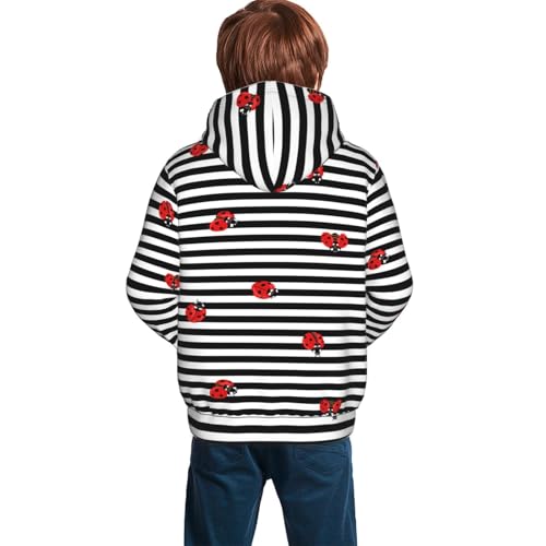 Ladybugs on Black and White Striped Kid Hoodies Boys Sweatshirts Girls Pullover with Pocket4