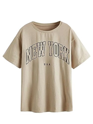 SOLY HUX Women's Graphic Oversized Tees Letter Print Summer Tops Vintage Half Sleeve Loose Casual T Shirts Letter Khaki M