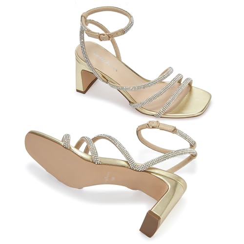 Image of CosyFever Women's Rhinestone Block Heels for Dressy Occasions, Strappy Ankle Strap Dress Heels, Square Toe Evening Heels for Wedding Guest, Prom, Party