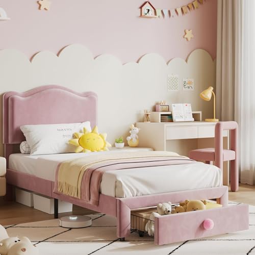 GarveeHome Upholstered Twin Bed Frame with Storage Drawer & Scallop Headboard, Princess Twin Size Platform Bed Frames for Kids Girls, Wooden Slats Support, No Box Spring Needed, Pink