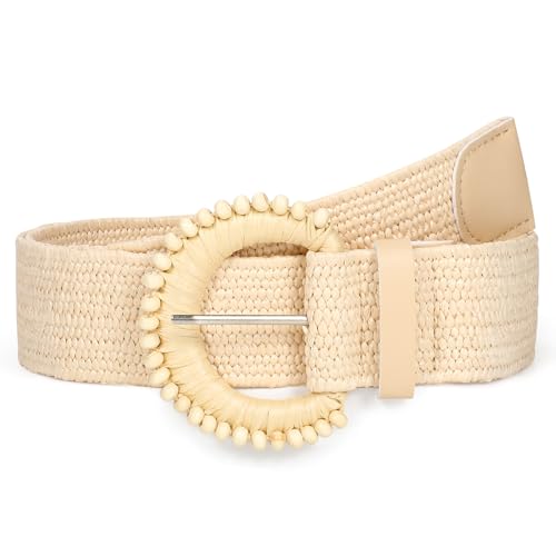 Image of Straw Woven Elastic Belt for Women Stretchy Belts for Dress Fashion Boho Waist Belt Rattan Raffia Ladies Belts