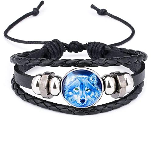 Pulseras de decoración de moda Pulsera de cuerda for mujer Vintage trenzado cuerda brazalete negro multicapa girando cuero con cuentas redondo vidrio azul lobo animal tejido pulseras niño amigo hecho Cover