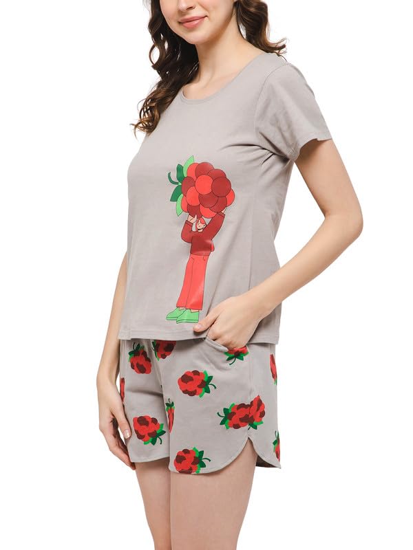 Image of Clovia Women's Cotton Tutti Fruity Top & Shorts Set in Grey