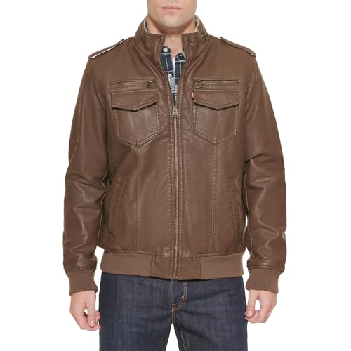 Levi's mens Vintage Deer Sherpa Lined Aviator Bomber Faux Leather Jacket, Earth, Medium US