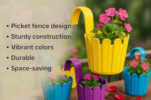 Image of Premium Railing Planter with Hook - Durable Plastic Hanging Flower Pot for Balcony, Fence Design Gamla for Indoor /Outdoor Plants, Herbs & Creepers (Pack of 3) (3, Red)