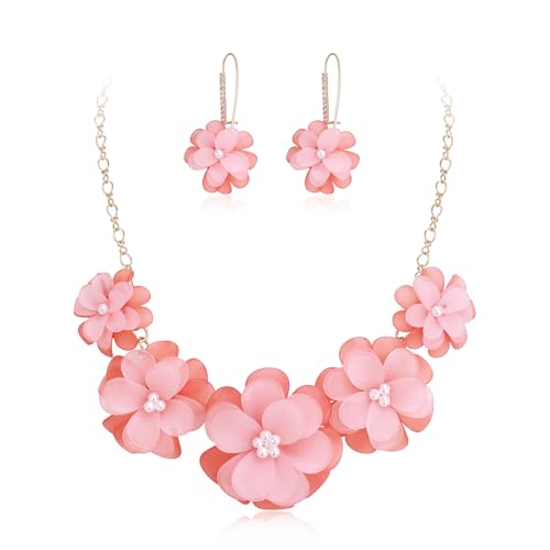 EVER FAITH Hot Pink Flower Collar Necklace, Faux Pearl Floral Summer Beach Statement Choker Necklaces Dangle Earrings for Women, Handmade Fashion Boho Party Prom Jewelry Accessories