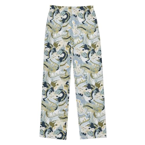 Retro Dragon Graffiti Boys Long Pants Soft Trousers Elastic Waist Kids Lounge Bottoms with Pockets S-XL