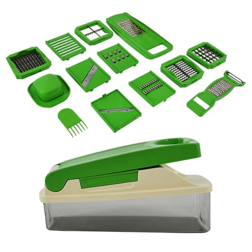 Image of 14 in 1 Multipurpose Chopper, Fruits & Vegetable Cutters, Grater Peeler Chipser, Unbreakable Food Grade Body, Easy Push to Clean Button Slicer Dicer, Chopper for Kitchen (Green, Plastic)