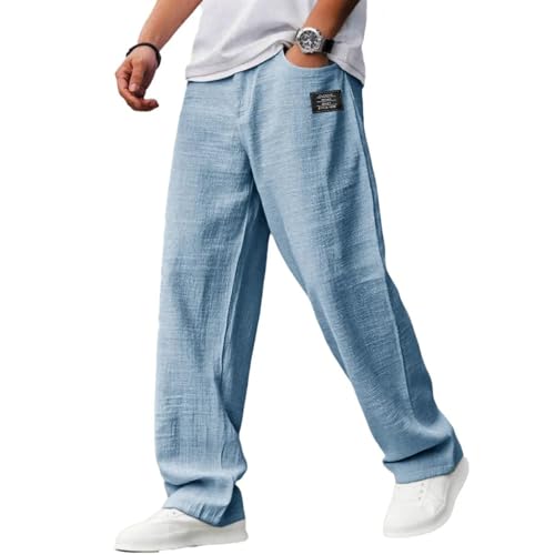 Mens Cotton Linen Pants, Casual Hemp Fabric Embroidered Logo Loose Comfort Trousers Drawstring Pockets Golf Pants3