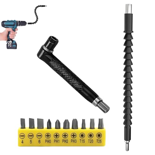 Flexible Drill Bit Extensions Set Adapter, Bendable Flexible Screwdriver Extension, with 90 Degree Drill Adaptor and 10Pcs Screwdriver Bit Set, for Drive Shaft Tip Twist Screws Install and Remove Bolt