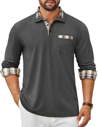 Polo manches longues homme décontracté col carreaux gris S