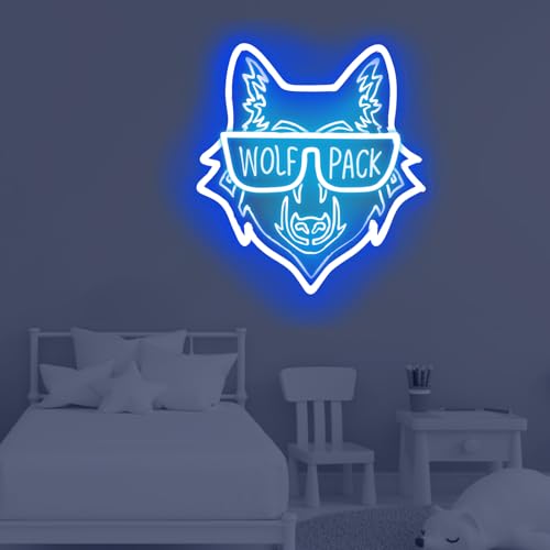 Image of Wolf Pack Family Neon Sign, Wild Animal Birthday Gift, Family Reunion LED Light, Animal Lover Decor, Wolf Lovers Gift, 14.4 inchx13 inch, Blue+Ice Blue