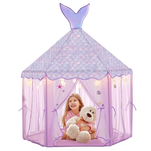 BRINJOY Princess Tent for Girls with Lights, Large Pretend Play Tent Castle w/Carry Bag & Stickers & Detachable Fishtail Top Indoor Outdoor, 67”x55” Ocean-Theme Kids Playhouse Gift for Toddler Age 3+
