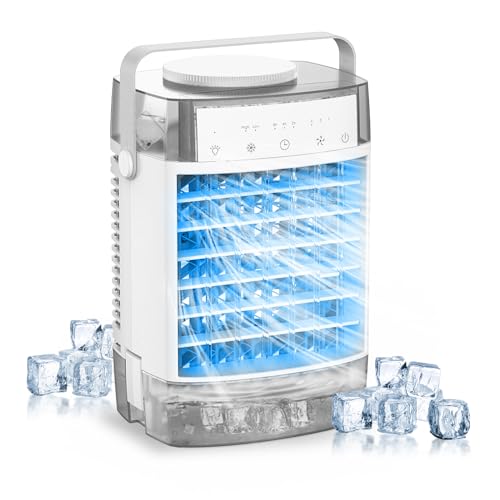 Aire acondicionado portátil 4 en 1, ventilador de aire acondicionado móvil y humidificador con luces LED nocturnas de 7 colores, 3 velocidades, 2 modos de pulverización, mini enfriador de aire de 1000