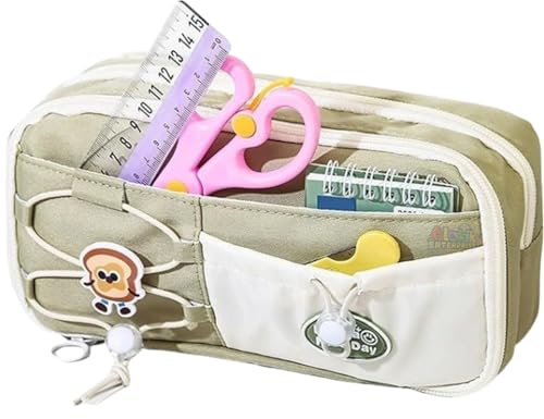 Image of Alokik Cute Bread Yellow Pencil Pouch for Girls & Kids, Multi-Layer Large Capacity Pen Case with Compartments, Mesh Pocket & Zipper, Aesthetic School Stationery Organizer Bag(Bread - Green)