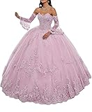 Snow Lotus Vestido de quinceañera con cuentas de tul y cuello de novia para mujer, rosa claro, 42