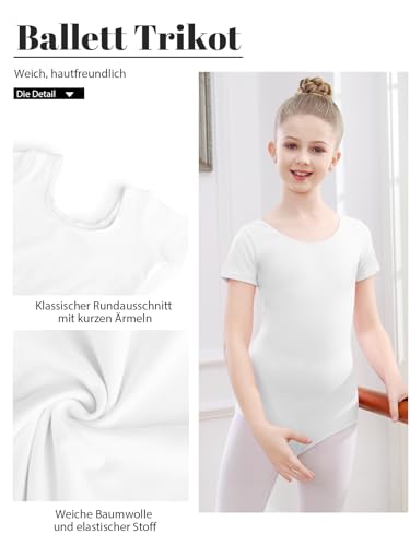 Kefiyis Ballettkleidung Mädchen Ballett Trikot Kinder Ballettanzug Kurzarm Ballett Body Tanzbody Baumwolle Turnanzug Gymnastikanzug für Mädchen Damen Gr.100-170 Weiß 140