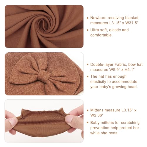 Image of AQOKKA Newborn Receiving Blanket with Bow Hat Mittens Wooden Card Set Newborns Toddler Baby Boy Girl Nursery Swaddle Wrap