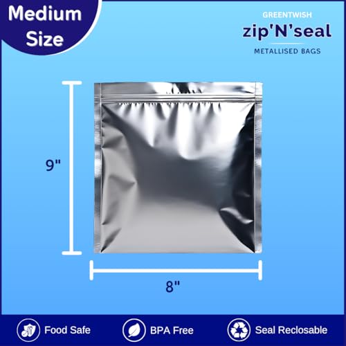 Image of GREENTWISH Zip 'N' Seal Metallised Silver Zip Lock Bags, Reusable Sandwich and Food Storage Bag, Airtight Foil Pouch with Zipper, Freezer Safe, Polyethylene | Size: Medium (8x9 Inch) | 15 Bags