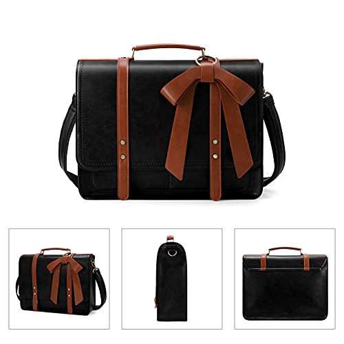 ECOSUSI dames aktetas, laptoptas 15,6 inch, vintage schoudertas met afneembare strik, schooltas, zwart/bruin - Image 6